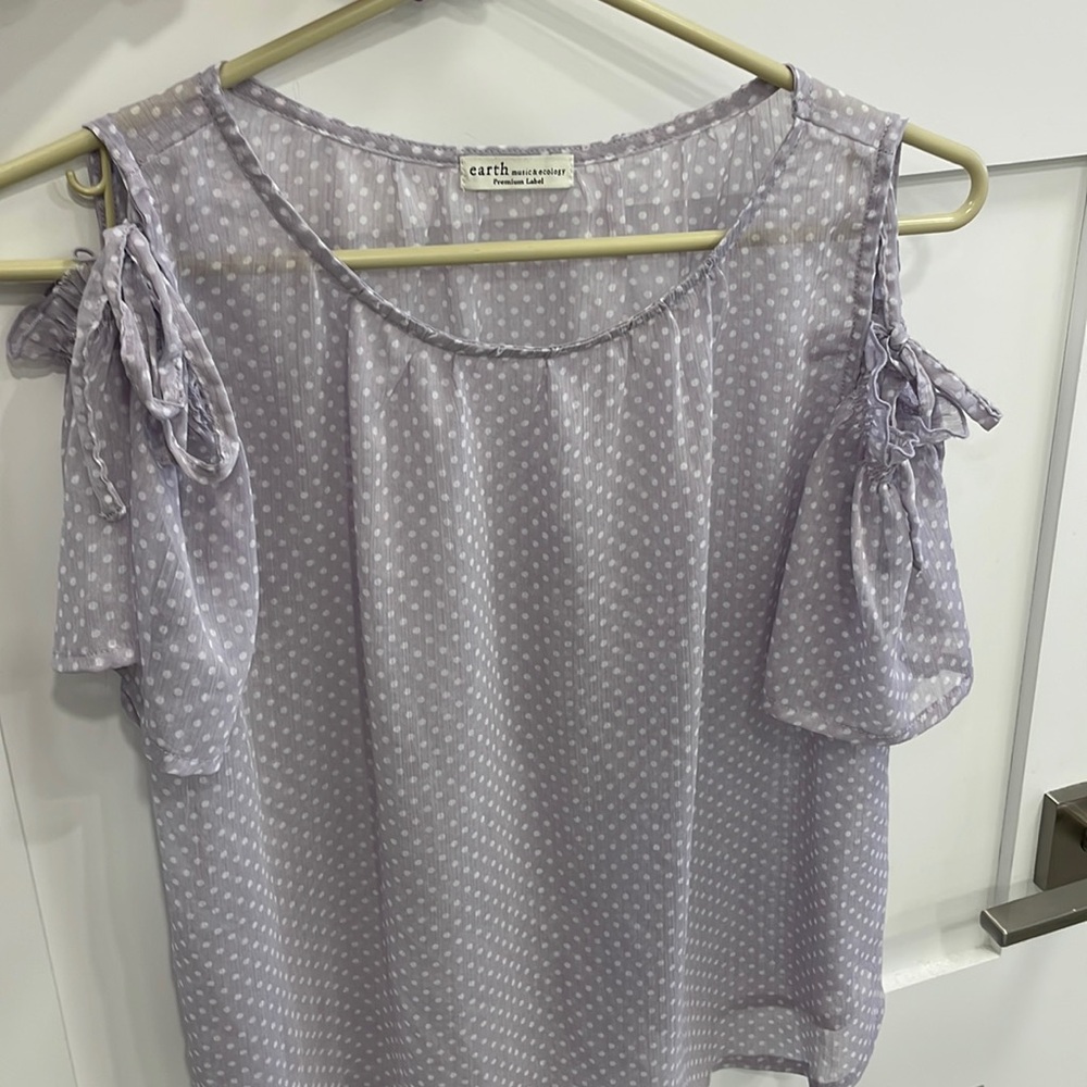 Lavender polka dot off the shoulder top
